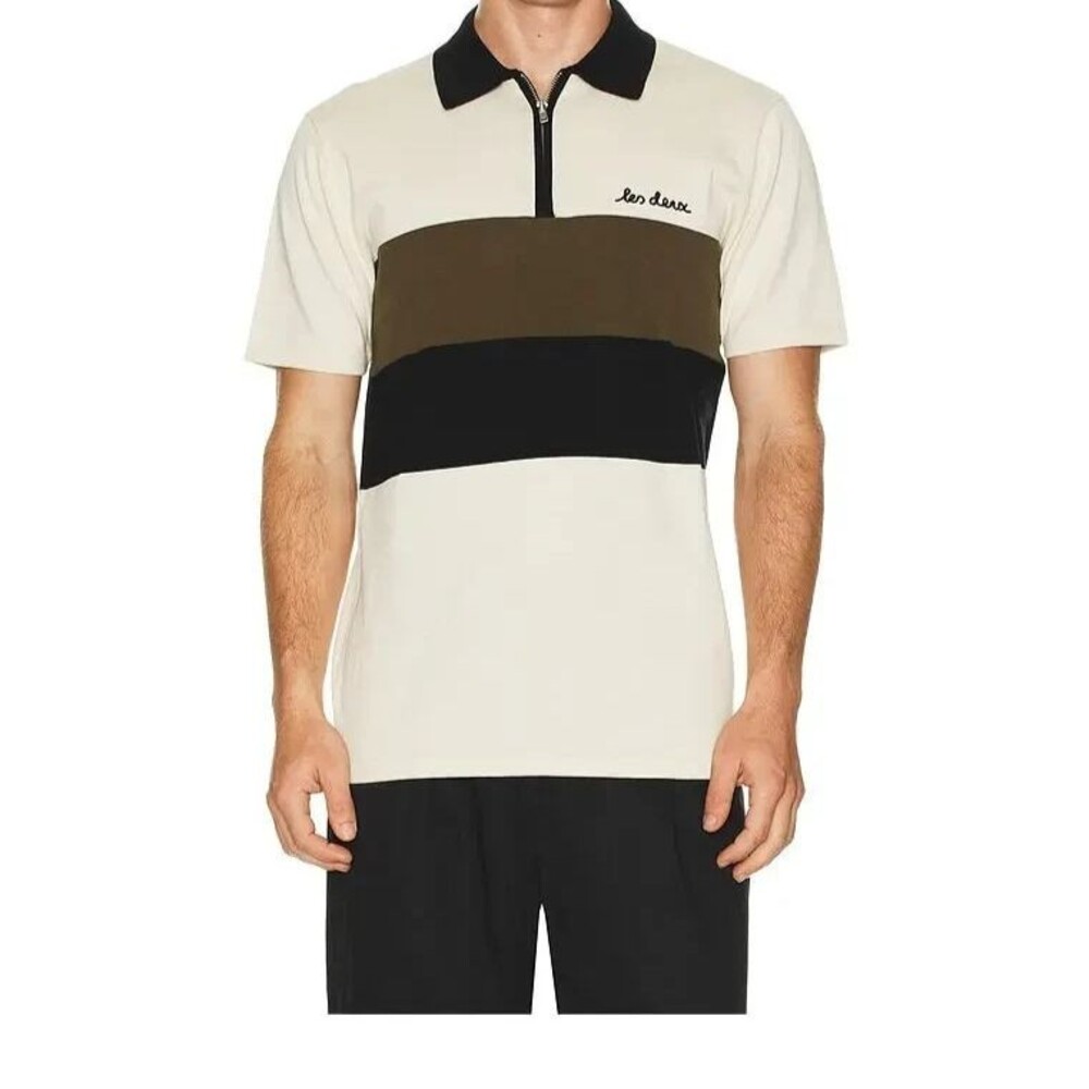 LES DEUX Polo Shirt Mens Large Cream Colorblock Stripe RAUL Knitted Zip Up